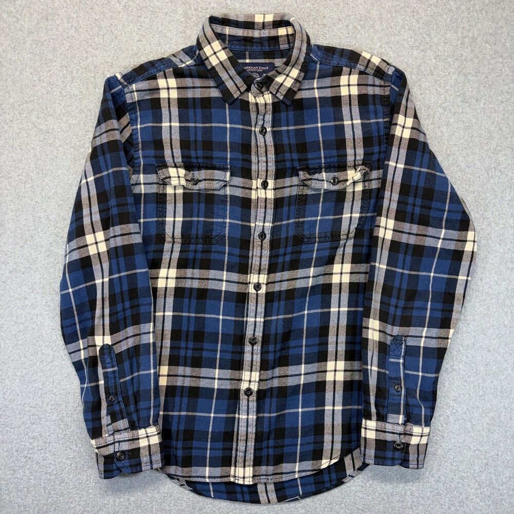 American Eagle Outfitters Flannel Shirt Men’s M Blue Black Plaid Athletic Fit